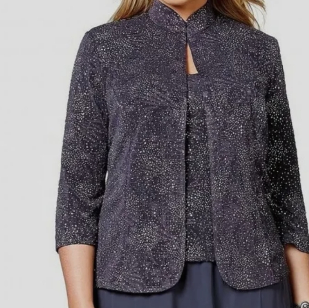 Alexis Evening  Mandarin Neck Glitter  Silver 3/4 Sleeve Jacket.Size 20W